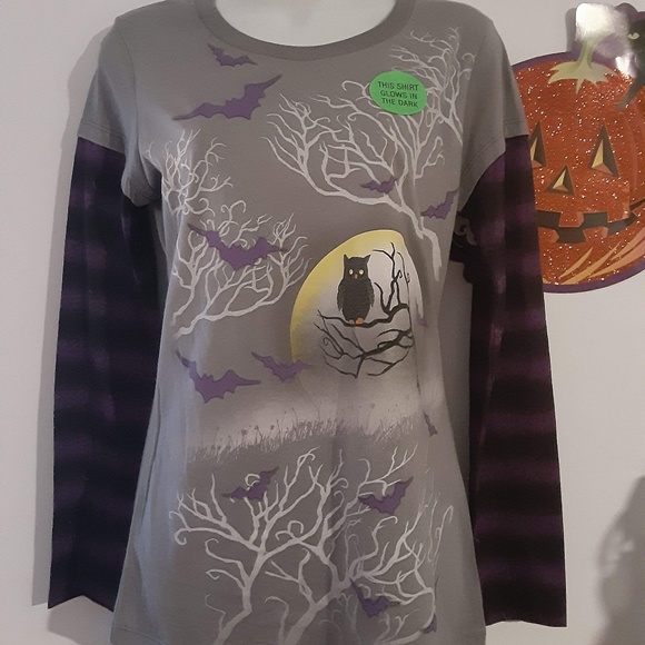 HALLOWEEN SHIRT - LONG SLEVE - OWL - GLOWS in DARK - Picture 2 of 8